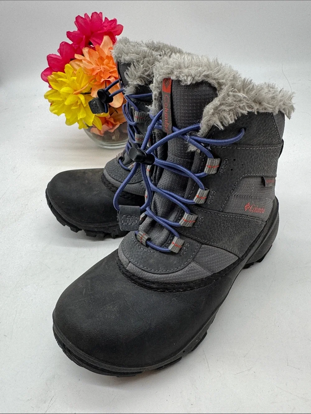 Columbia Kids Gray Faux-Fur Winter Boots with Blue Laces Size 3